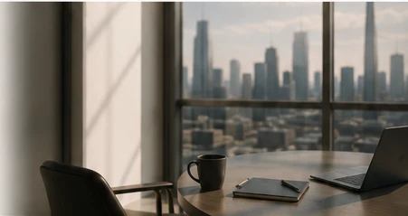 Sunlit office table overlooking downtown Los Angeles.
