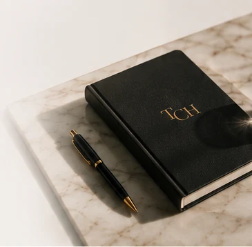Black Connect House notebook and pen on a sunlit marble table.